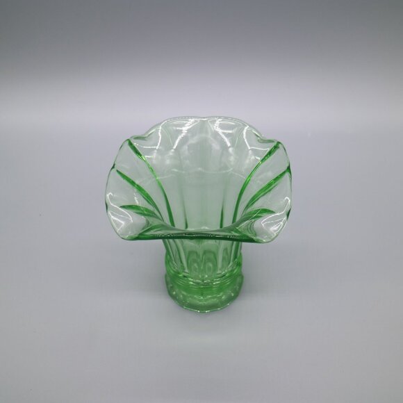 Vintage Green Uranium Glass 5" Vase | Flared Shape w/ Scalloped Edge - Picture 5 of 8